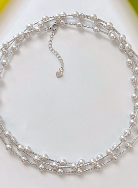 轻奢法式气质满天星银灰人造水晶珍珠项链夏季baby珠细闪锁骨链女