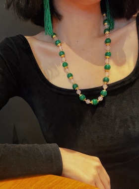 原创手作 天然粉晶配复古绿优化干青粉绿色手链项链 中古韵味春款