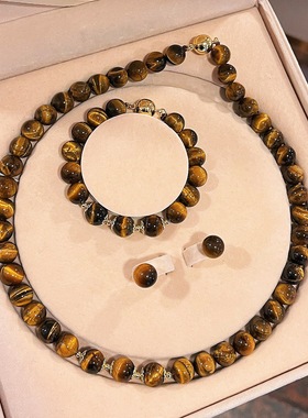 热销黄虎眼石圆珠手链项链复古风虎睛石长链个性设计感颈链饰品