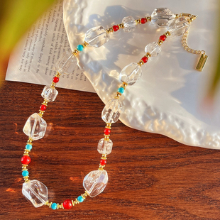 原创手作大块冰糖异型天然白水晶锁骨链红玉髓点缀颈链优雅气质