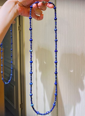 克莱因蓝天然青金石串珠项链 原创设计双层叠戴 轻奢小众毛衣链女