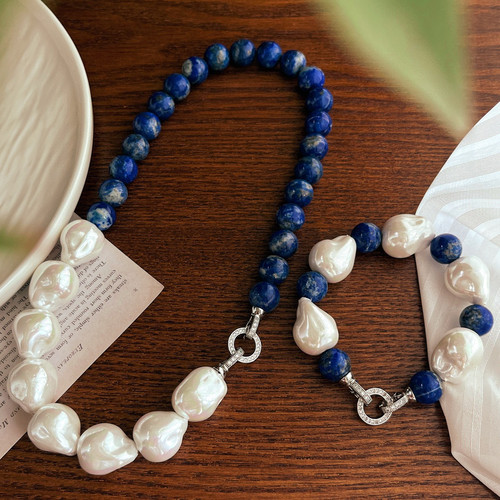 天然青金石项链女拼接贝珠巴洛克锁骨链轻奢小众个性潮流设计颈链