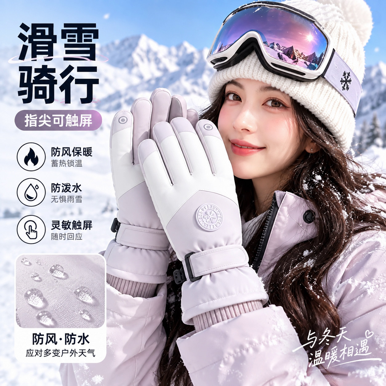 滑雪手套女冬季保暖防寒户外骑车加绒加厚防风防水触屏学生男冬天