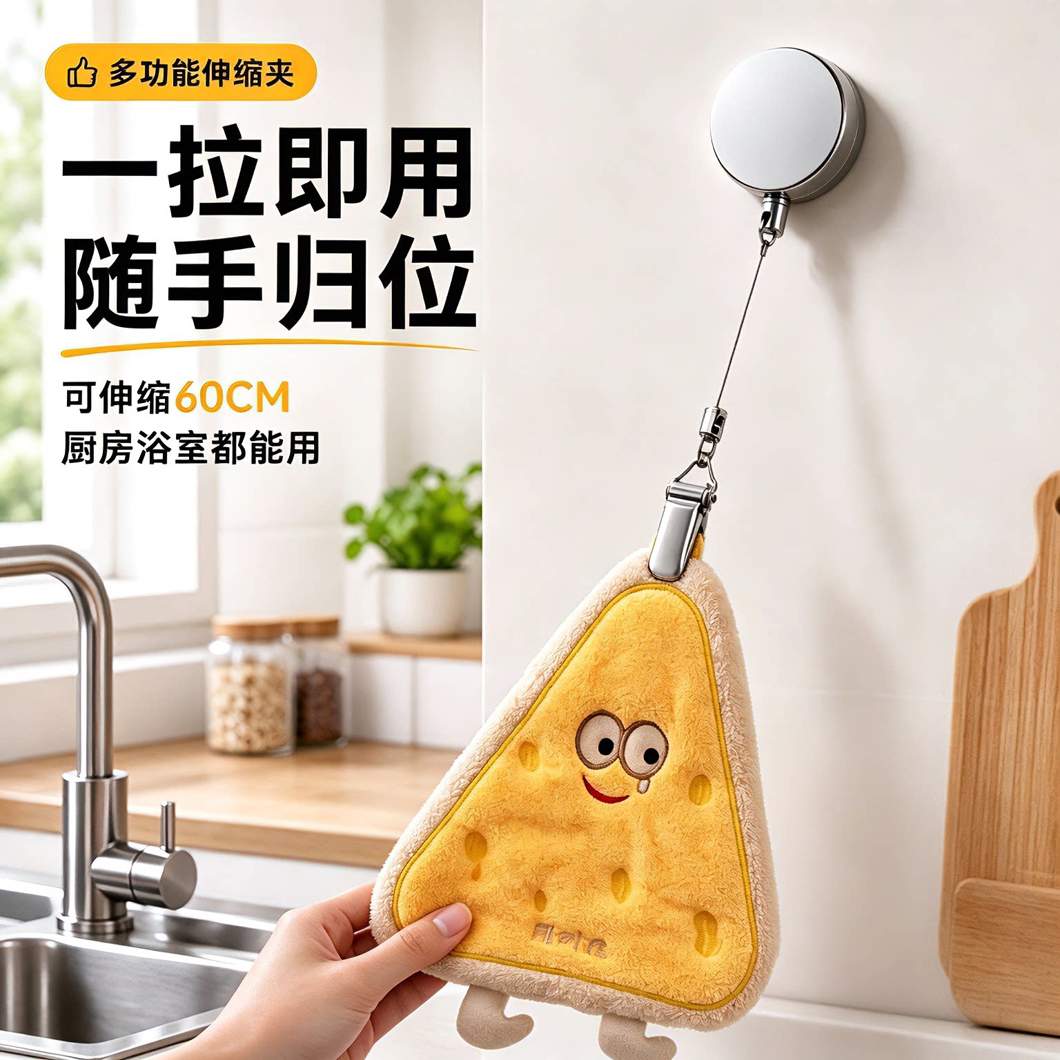 多功能伸缩夹厨房毛巾挂绳自动回弹伸缩挂钩免打孔浴巾固定挂钩