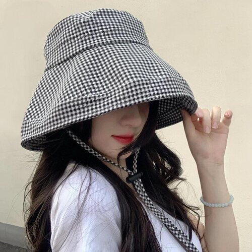 千鸟格防晒渔夫帽女夏季大檐