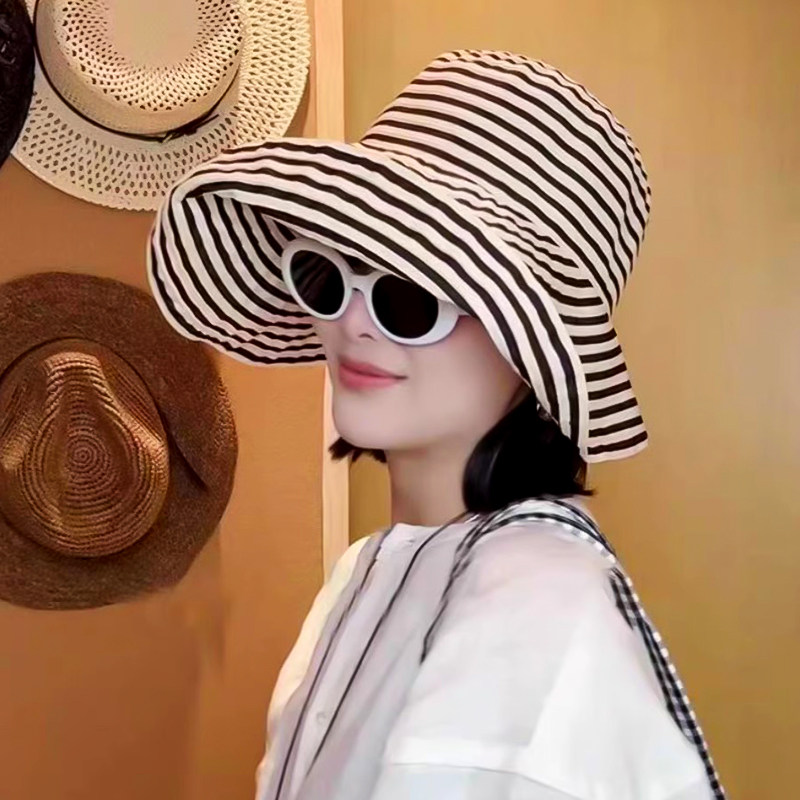 日系可折叠夏季条纹渔夫帽女新款长防晒帽子时尚盆帽大头围太阳帽,服饰配件/皮带/帽子/围巾,帽子,淘宝优惠券,粉丝福利购,淘宝优惠卷