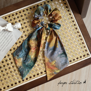 优雅大肠圈发圈 致敬莫奈小众复古油画发绳飘带法式 一束向日葵