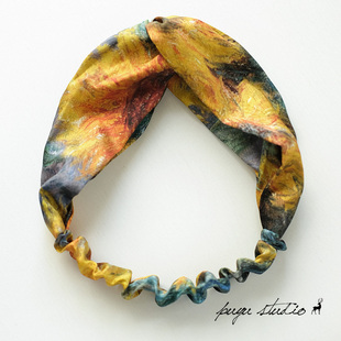 致敬莫奈油画复古高级感宽边交叉松紧发带头箍发饰 一束向日葵