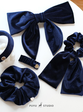 朴遇原创设计法式慵懒风藏青色系丝绒发饰发夹发箍蝴蝶结发夹头饰