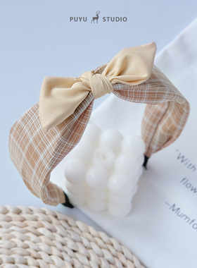 朴遇原创手作清新森系文艺格子小蝴蝶结宽边洗脸发箍头箍发卡头饰