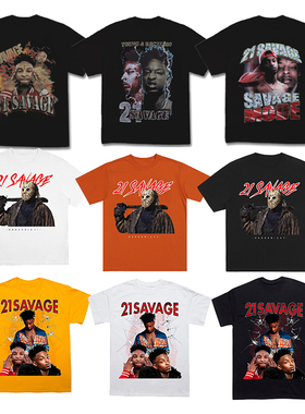 21savageT恤同款嘻哈纯棉欧美宽松HIPHOP说唱印花人像街头潮短袖