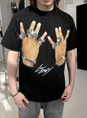 Lil baby 4PF 首饰 钻石 短袖T恤 烫钻 小领口 vintage 说唱歌手