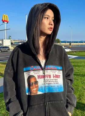 Kanye Y2K 印花连帽卫衣帽衫水洗做旧复古侃爷街头美式宽松开衫潮