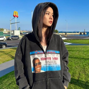 宽松开衫 Kanye 水洗做旧复古侃爷街头美式 印花连帽卫衣帽衫 潮 Y2K