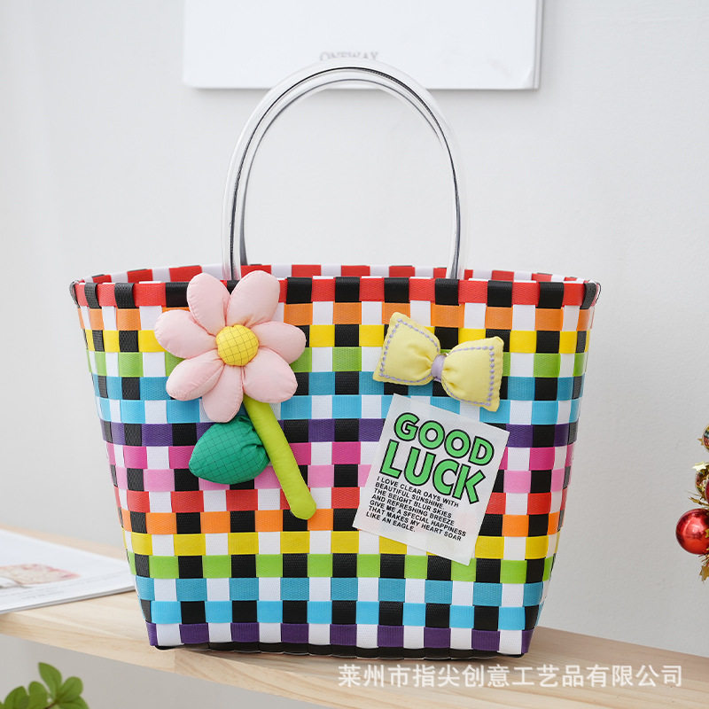 小红书同款菜篮子编织包彩色手提篮文艺手工编织袋夏日沙滩度假包