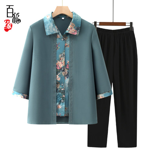 中老年人春装女假两件套妈妈新款