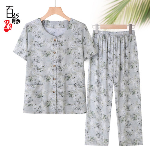 老人夏装女棉绸套装奶奶短袖开衫