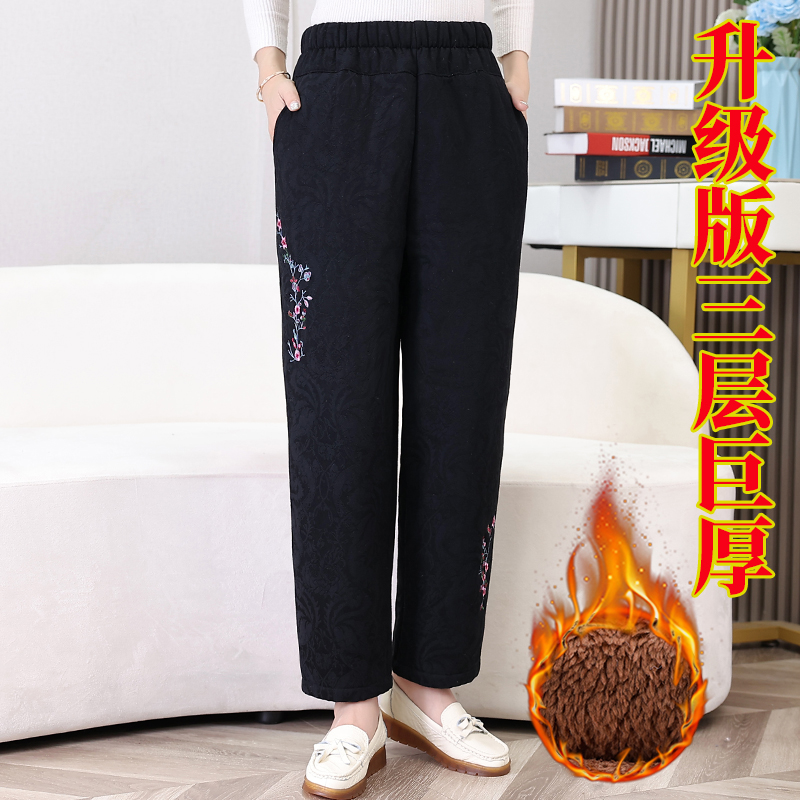 妈妈裤子秋冬季加绒加厚棉麻长裤