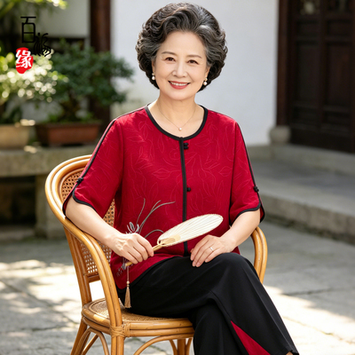 中老年人夏装女妈妈短袖T恤套装