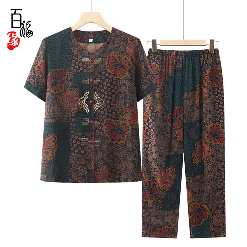 奶奶夏季短袖棉绸套装70岁80老年人衬衫妈妈唐装两件套老太太衣服