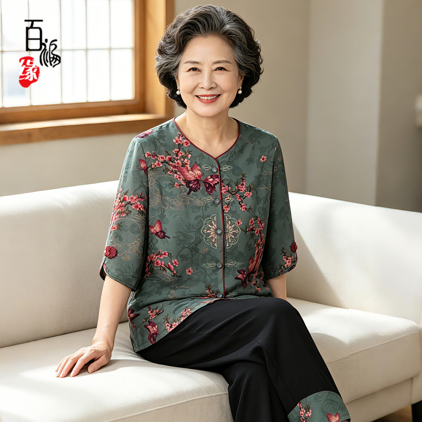 中老年人夏装女奶奶短袖开衫套装