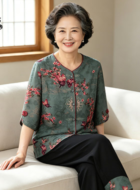 中老年人夏装女奶奶短袖开衫套装