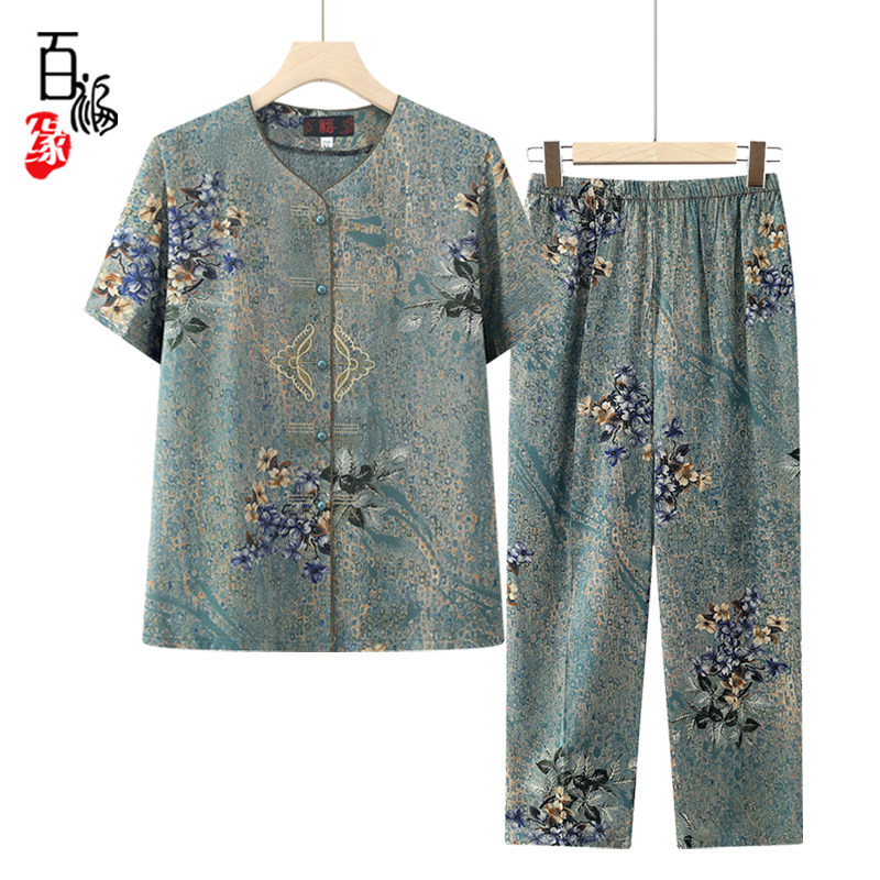 奶奶装夏季短袖套装女中老年妈妈