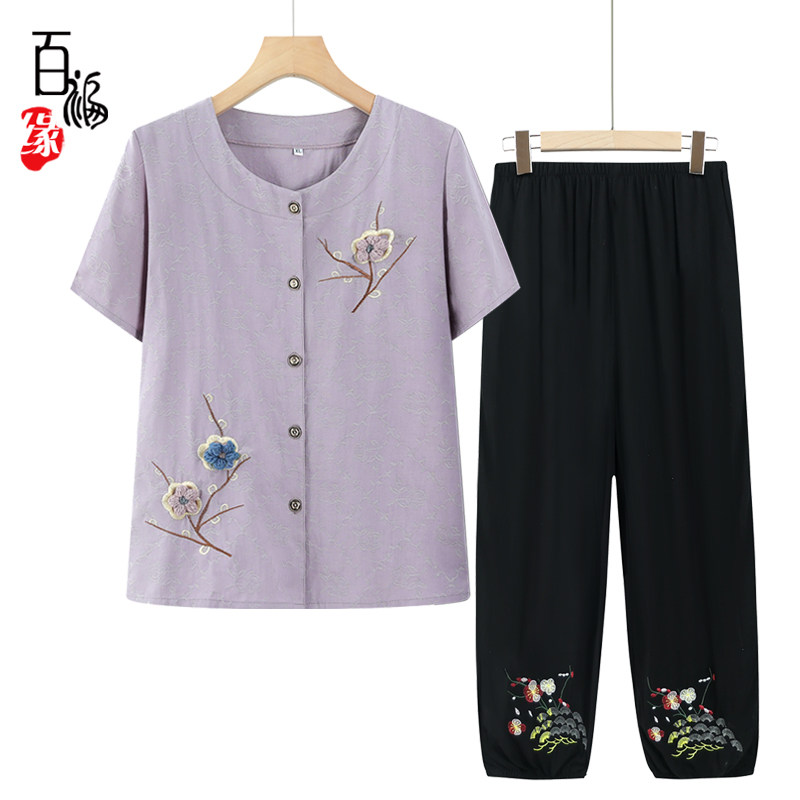 中老年人夏装棉麻套装女奶奶短袖