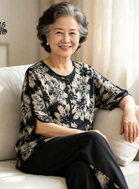 中老年人夏季女T恤奶奶短袖套装
