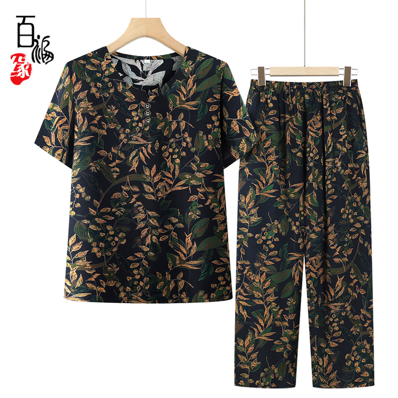 老年女夏装套装奶奶短袖T恤衫老年妈妈衣服老人太太棉绸上衣裤子 - 实物图