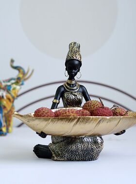 非洲女人黑人水果盘树脂收纳摆件家居客厅泰式桌面风格托盘礼物