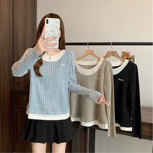 新款 条纹上衣大码 2025秋季 胖mm纯色拼接显瘦针织衫 女装 不褪色长袖