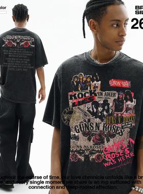枪花乐队GUNS ROSES水洗重磅短袖t恤男女款美式复古跨境印花做旧