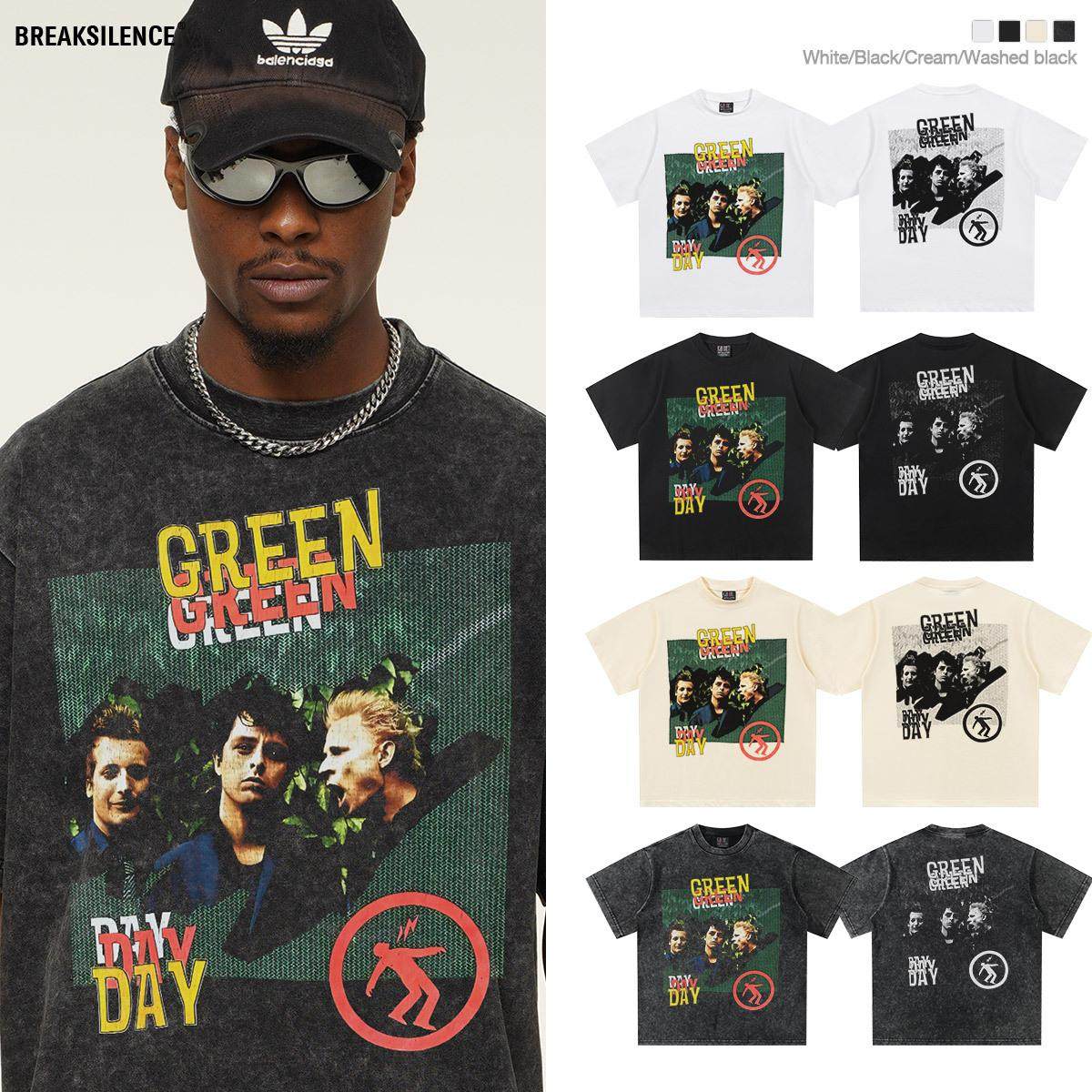 春夏新款greenday绿日乐队重磅水洗做旧纯棉短袖t恤复古印花男女