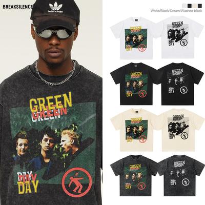 春夏新款greenday绿日乐队重磅水洗做旧纯棉短袖t恤复古印花男女