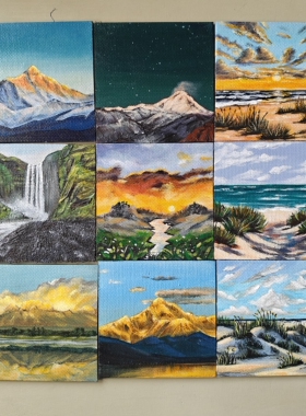手绘小油画迷你装饰画 雪山星空海边风景 桌面卧室客厅挂画摆件
