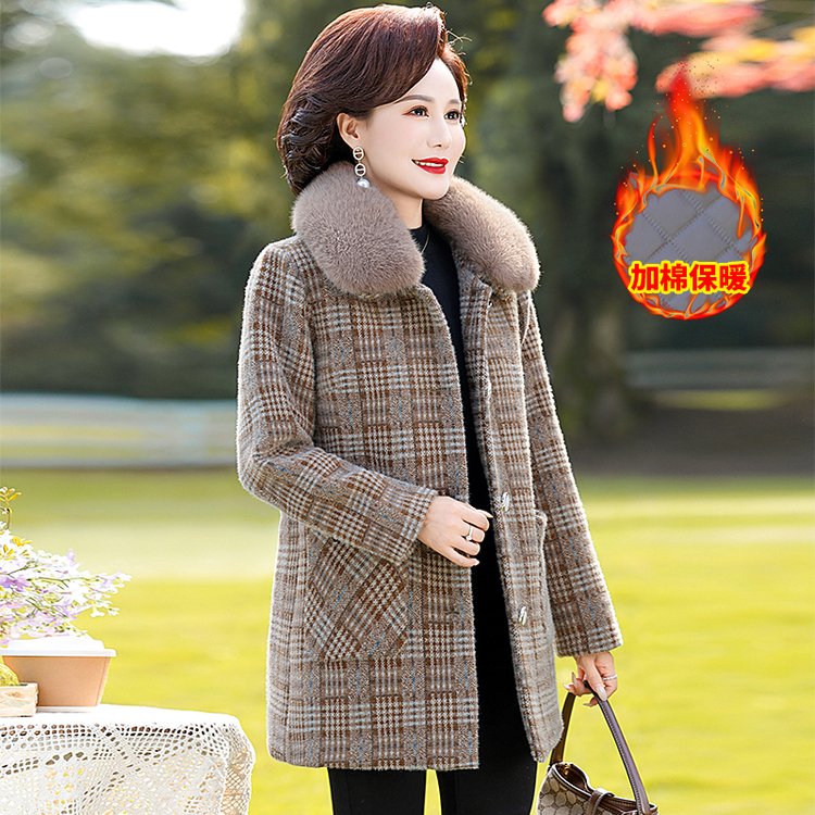 时尚妈妈冬装格子外套中年高贵保暖过年衣服中老年女秋冬毛呢大衣