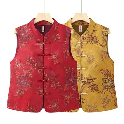 中国风立领盘扣印花马甲中老年女装妈妈装国风背心奶奶装唐装马夹