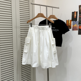 白色工装 百搭显瘦大口袋半松紧设计宽松中长裙 风A字半身裙女夏季