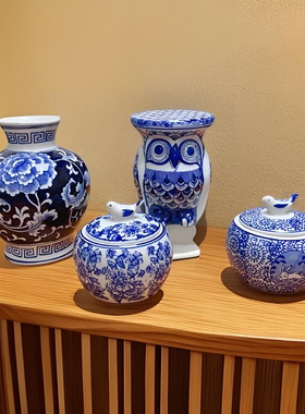 陶瓷青花瓷花瓶摆件猫头鹰茶罐子家居客厅插花电视柜装饰摆设花器