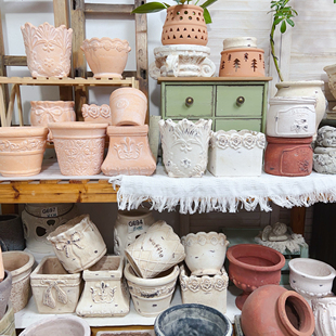 粗陶花盆复古做旧浮雕透气手工手压陶泥透气绿植盆栽高脚陶土盆