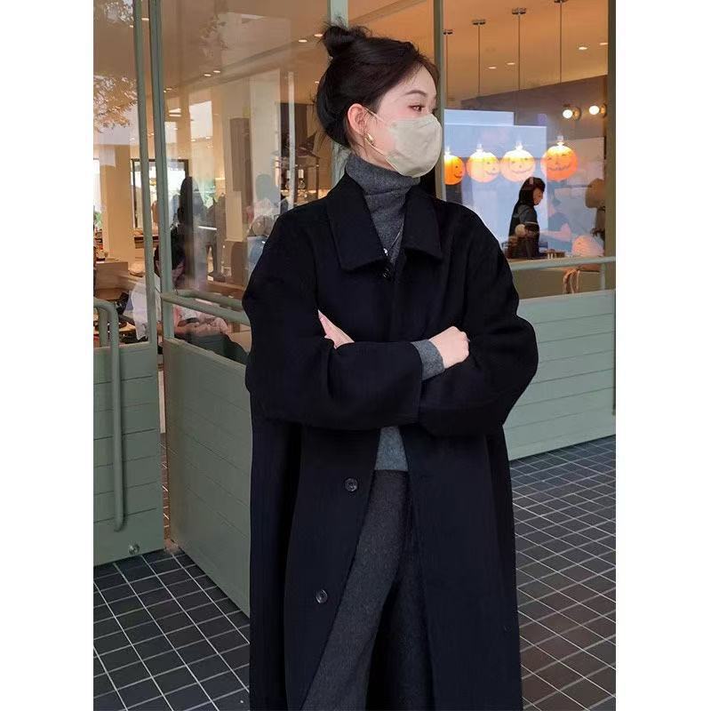 赫本风红色单面呢子大衣女2025秋冬新款高端宽松长款过膝毛呢外套