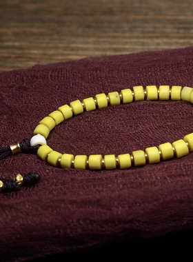 西亚百年亮黄色柠檬老琉璃文玩手链7.1 少见尼泊尔竹丝纹老琉璃