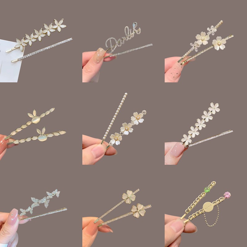 花朵时尚蝴蝶珍珠水钻一字夹发夹侧边网红刘海夹头发夹子金属