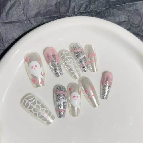 实拍穿戴甲手工美甲成品假指甲贴片可爱卡通手绘万圣节魔力小鬼