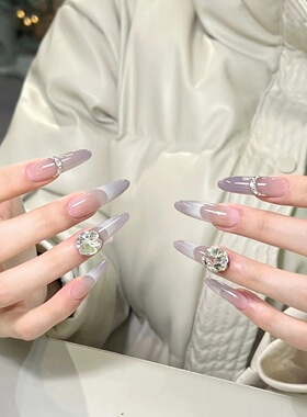 东海穿戴甲手工美甲贴成品紫色渐变法式指甲贴片高级感长款甲