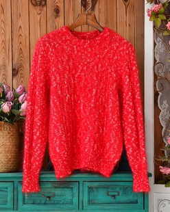 日系甜美长马海毛毛衣女红色扭花圆领套头棉毛针织上衣外穿百搭款