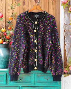 复古风彩色杂点马海毛开衫 小香风金属扣圆领宽松针织外套女秋冬