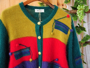 田园森女民族风编织图案高品质超柔马海毛宽松拼色毛衣外套开衫女