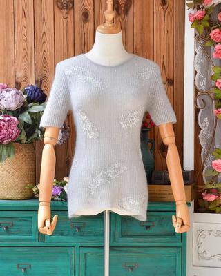 日系甜美森女风马海毛安哥拉山羊毛春秋百搭薄款羽毛短袖毛衣套头